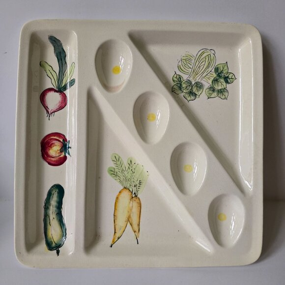 Japanese Ceramic Divided Serving Platter With Hand-Painted Vegetable Design - Picture 14 of 16